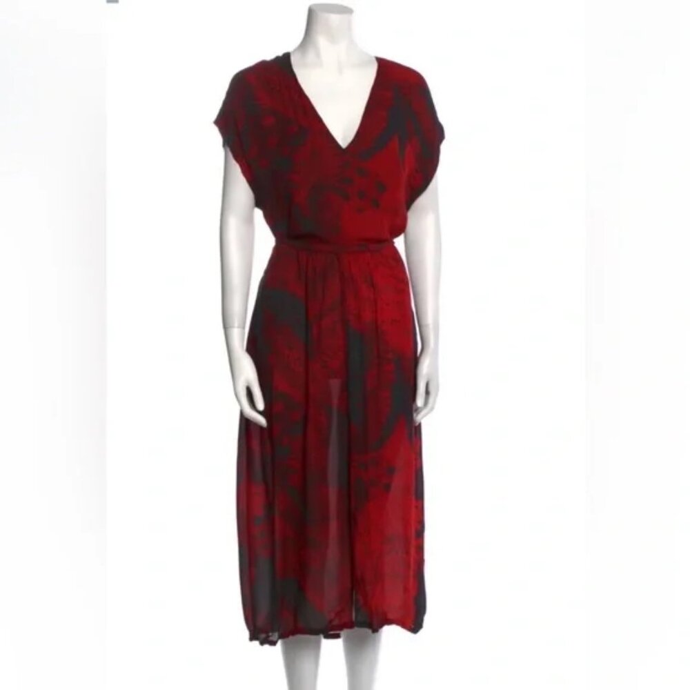Rozae Nichols 100% Silk Red Fern Print Wrap Dress Designer Midi Size M/L